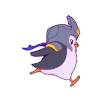 a penguin wearing a helmet and a scarf is running .