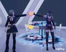 a couple of girls standing next to each other with the word imgplay in the lower right corner
