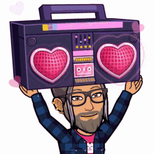 a cartoon of a man holding a boombox with two hearts on it