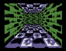a computer generated image of a maze with green walls and purple floors .