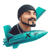a man with a beard is riding a blue rocket with a x on it