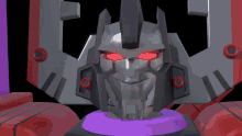a 3d model of a robot with red eyes and a purple collar