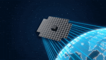 a satellite is flying over the earth with rays coming from it