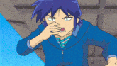 a cartoon character with purple hair covering his nose