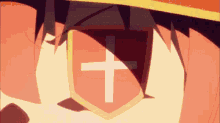 a close up of a person 's face with a shield with a cross in it