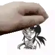 a hand is holding a drawing of a girl 's head over her head .