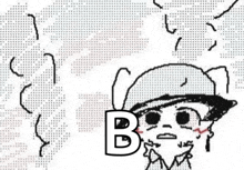 a black and white drawing of a man in a hat with the letter b on it .