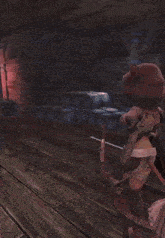 a video game character with a hood on stands next to a skeleton