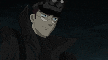 a cartoon character wearing glasses and a head light