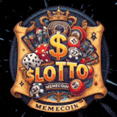 a logo for memecoin lotto with dice dice playing cards and a dollar sign