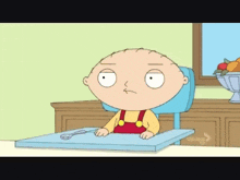 a cartoon character is sitting in a high chair with a spoon in his hand