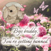a picture of flowers with the words bye buddy you 're getting banned at the bottom