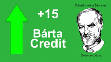 a green background with a drawing of a man and the words barta credit on it