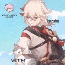 a picture of a boy with a cat and the words winter cuando kazuha on the bottom
