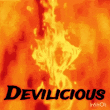 the word devilicious is on a red and orange background