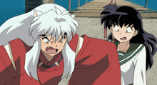 two anime characters are standing next to each other and one has a dog 's head and the other has a girl 's head