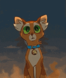 a drawing of a cat with green eyes sitting in front of a fire