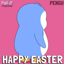 a penguin holding an easter egg with the words happy easter
