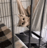 a cat is hanging upside down in a hammock in a cage .