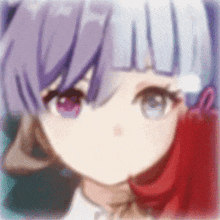 a girl with purple hair and blue eyes is wearing a red scarf around her neck .