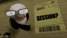 a piece of paper that says " session " next to a statue