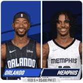 two basketball players from orlando and memphis are on a blue background