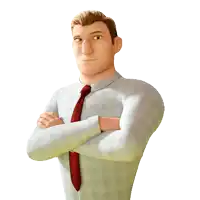 a cartoon man with his arms crossed and a red tie