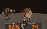 a screenshot of a video game shows a health score of 88 % and a ammo score of 74