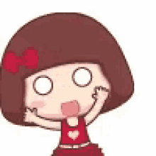 a cartoon girl with short brown hair and a red bow on her head is standing with her arms outstretched .
