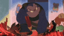 a cartoon character is sitting on top of a pile of leaves in a room .