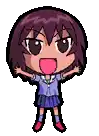 a pixel art drawing of a girl with purple hair and a purple skirt .