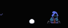 a pixel art drawing of a purple sphere a spider and a person