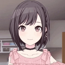 a close up of a girl wearing a choker and a pink top