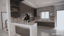 a woman stands in a kitchen with the word kitchen written on the counter