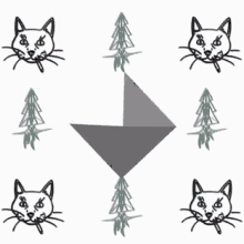 a drawing of a cat and trees with a triangle in the middle