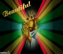 a picture of jesus wearing a crown with the words beautiful written above him
