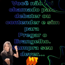 a woman stands in front of a sign that says voce nao foi chamado para debater ou contender