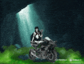 a girl is riding a motorcycle in a dark cave with a logo for hailuo ai