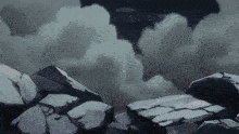 a painting of a rocky landscape with a cloudy sky in the background