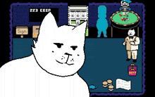 a white cat is standing in front of a sign that says " sign "