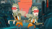 a cartoon of two aliens with red glasses and a sign that says [ as ] on the bottom