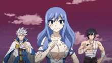 a group of anime characters standing next to each other including a girl with blue hair