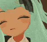 a close up of a cartoon girl with green hair and a bow on her head .
