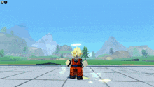 a cartoon character is standing in front of a blue sky with a few trees in the background
