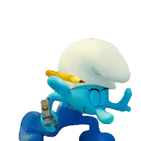 a smurf is holding a hammer and a yellow pencil