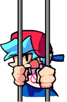 a cartoon character is behind bars with his hands behind his back .