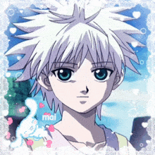 a drawing of a boy with white hair and blue eyes with the name mai on the bottom