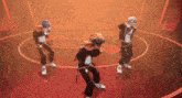 a group of people are dancing in a circle with one wearing a mask