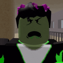 a green cartoon character with a mustache and a purple flower in his hair