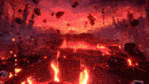 a computer generated image of a volcano with a red sky